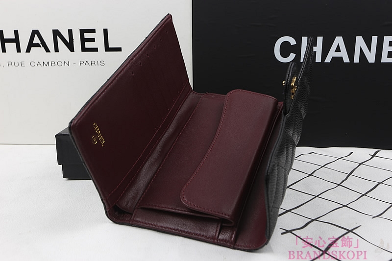 シャネル タイムレスクラシック 3つ折り長財布 キャビアスキン ブラック A31506