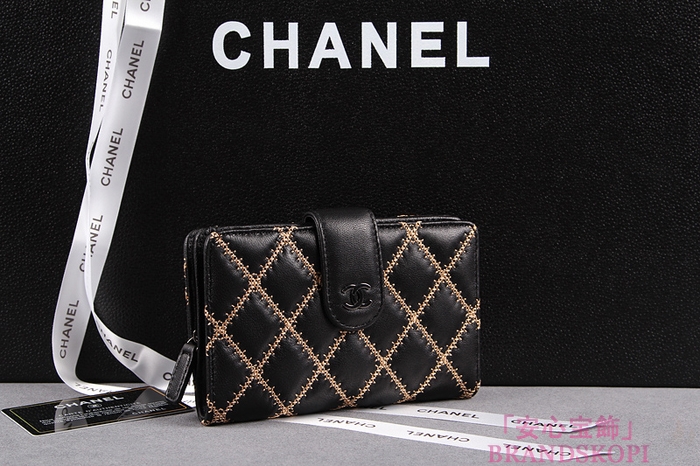 シャネル 長財布 CHANEL シャネル 財布 二つ折り マトラッセ ゴールドライン キルティング ラムスキン ブラック A48667