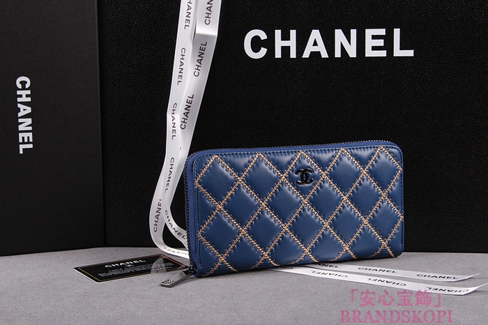 CHANEL（シャネル）レディース 財布 ラムスキン マトラッセ ゴールドライン ラウンドジップ ブルー A50098