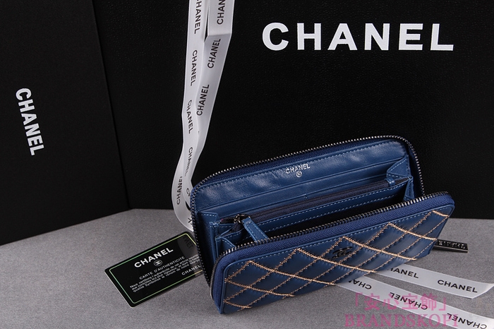 CHANEL（シャネル）レディース 財布 ラムスキン マトラッセ ゴールドライン ラウンドジップ ブルー A50098
