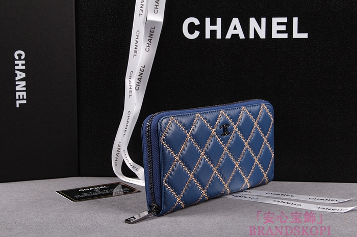 CHANEL（シャネル）レディース 財布 ラムスキン マトラッセ ゴールドライン ラウンドジップ ブルー A50098