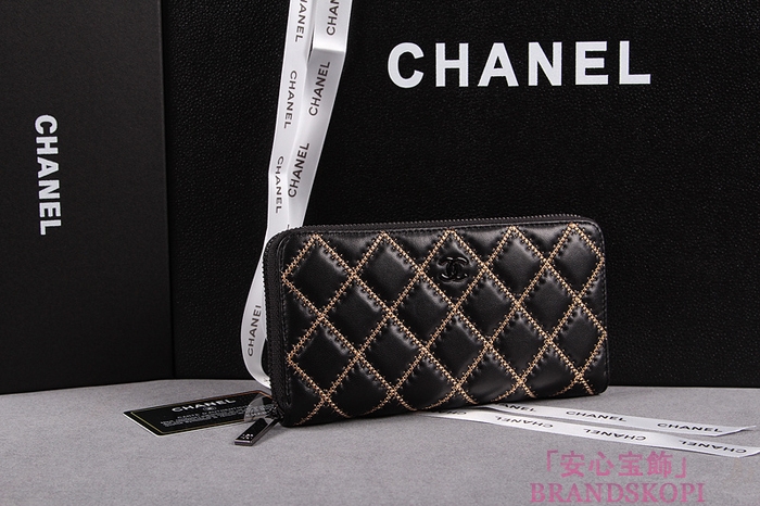 CHANEL（シャネル）レディース 財布 ラムスキン マトラッセ ゴールドライン ラウンドジップ ブラック A50098