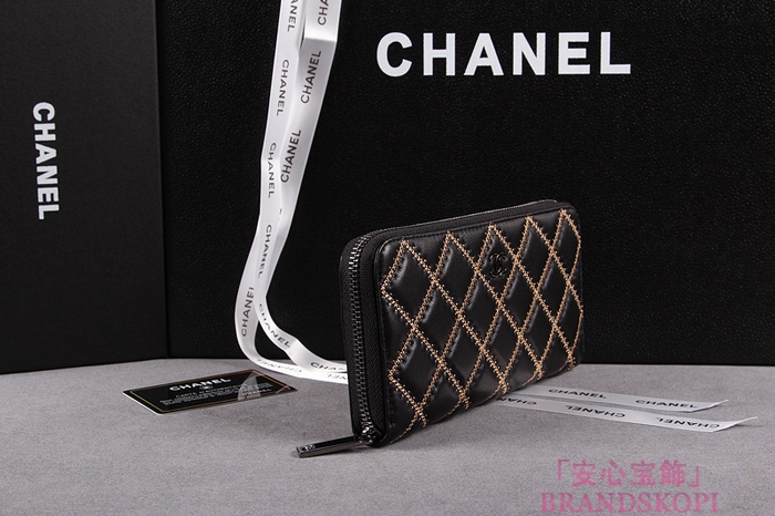 CHANEL（シャネル）レディース 財布 ラムスキン マトラッセ ゴールドライン ラウンドジップ ブラック A50098