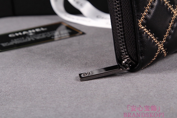 CHANEL（シャネル）レディース 財布 ラムスキン マトラッセ ゴールドライン ラウンドジップ ブラック A50098