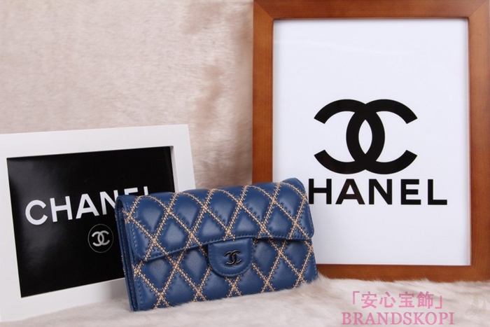 シャネル CHANEL 長財布 3折 タイムレスクラシック マトラッセ ゴールドライン ラムスキン ブルー A46518