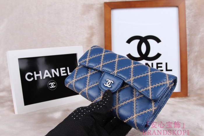 シャネル CHANEL 長財布 3折 タイムレスクラシック マトラッセ ゴールドライン ラムスキン ブルー A46518