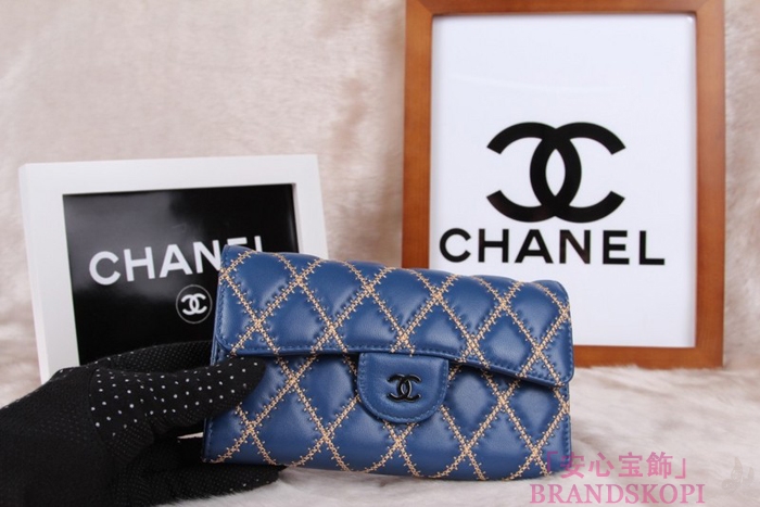 シャネル CHANEL 長財布 3折 タイムレスクラシック マトラッセ ゴールドライン ラムスキン ブルー A46518