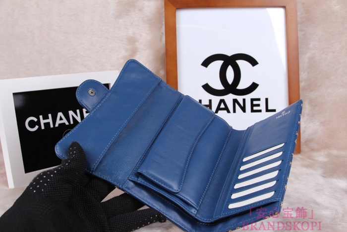 シャネル CHANEL 長財布 3折 タイムレスクラシック マトラッセ ゴールドライン ラムスキン ブルー A46518