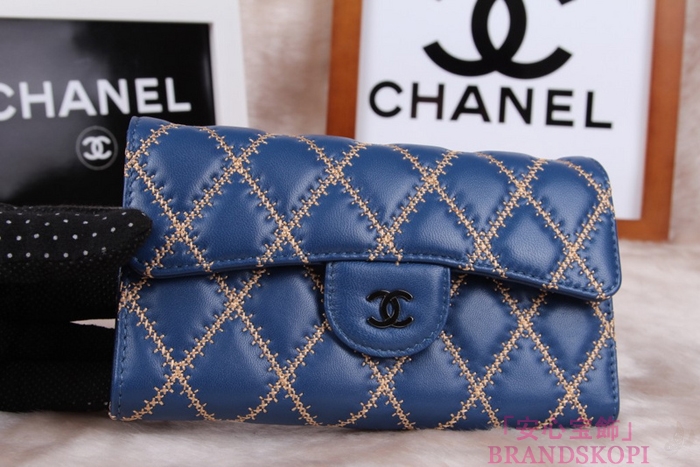シャネル CHANEL 長財布 3折 タイムレスクラシック マトラッセ ゴールドライン ラムスキン ブルー A46518
