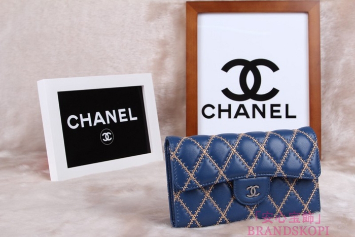 シャネル CHANEL 長財布 3折 タイムレスクラシック マトラッセ ゴールドライン ラムスキン ブルー A46518