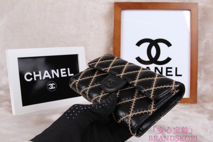 シャネル CHANEL 長財布 3折 タイムレスクラシック マトラッセ ゴールドライン ラムスキン ブラック A46518