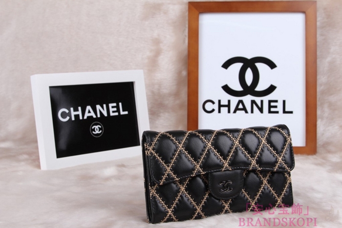 シャネル CHANEL 長財布 3折 タイムレスクラシック マトラッセ ゴールドライン ラムスキン ブラック A46518