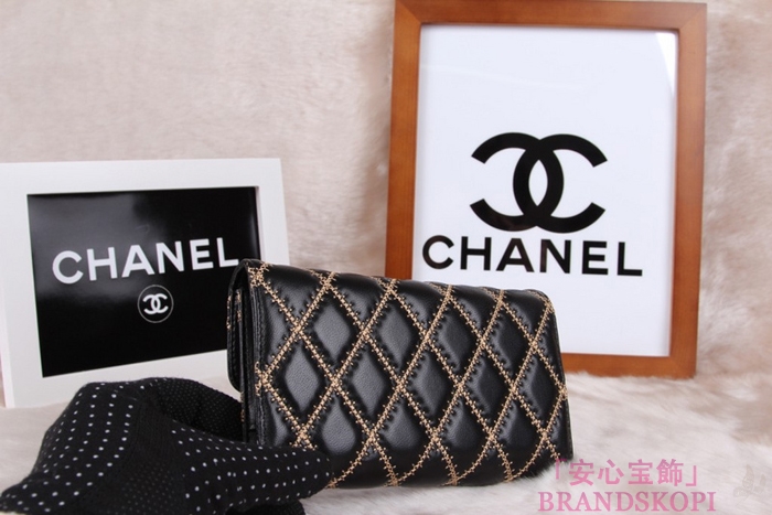 シャネル CHANEL 長財布 3折 タイムレスクラシック マトラッセ ゴールドライン ラムスキン ブラック A46518