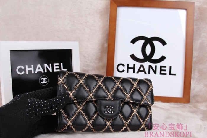 シャネル CHANEL 長財布 3折 タイムレスクラシック マトラッセ ゴールドライン ラムスキン ブラック A46518