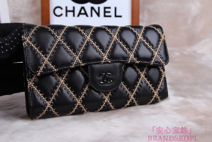 シャネル CHANEL 長財布 3折 タイムレスクラシック マトラッセ ゴールドライン ラムスキン ブラック A46518