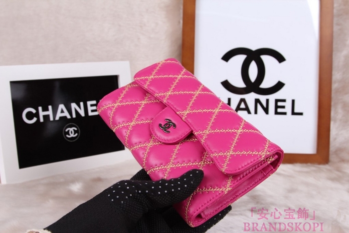シャネル CHANEL 長財布 3折 タイムレスクラシック マトラッセ ゴールドライン ラムスキン ローズ A46518