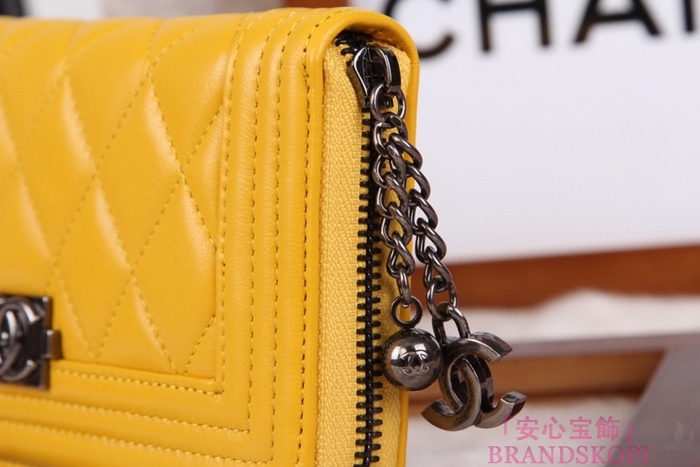 シャネル 長財布 財布  ラウンドファスナー レディース BOY CHANEL/ボーイシャネル ラムスキン キルティング マトラッセイエロー A48652