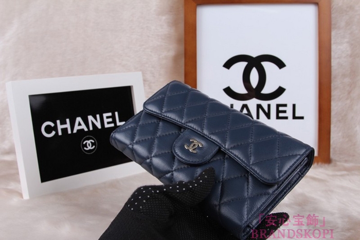 シャネル CHANEL 長財布 3折 タイムレスクラシック マトラッセ ラムスキン ブルー A46518