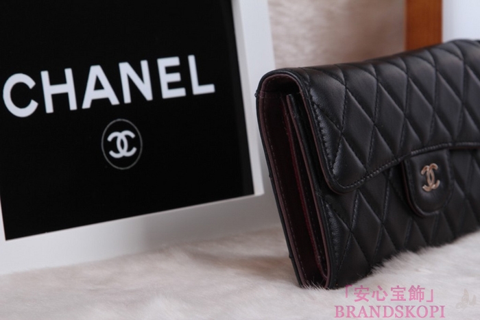 シャネル CHANEL 長財布 3折 タイムレスクラシック マトラッセ ラムスキン ブラック*クラレット A46518