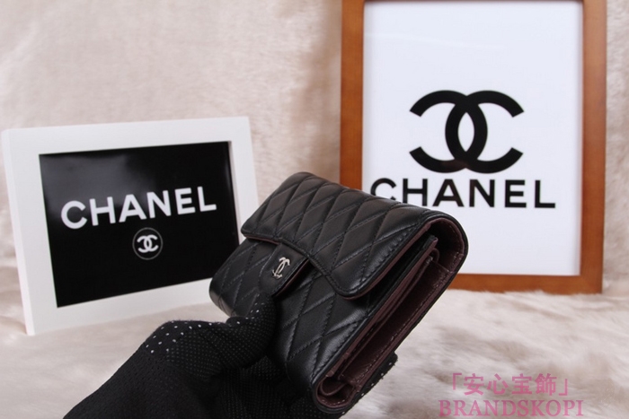 シャネル CHANEL 長財布 3折 タイムレスクラシック マトラッセ ラムスキン ブラック*クラレット A46518