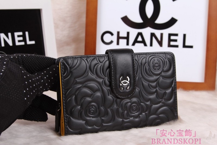 シャネル CHANEL カメリアエンボス 財布 二つ折り ブラック*イエロー A50087