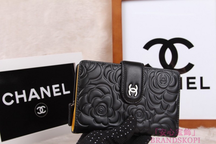シャネル CHANEL カメリアエンボス 財布 二つ折り ブラック*イエロー A50087