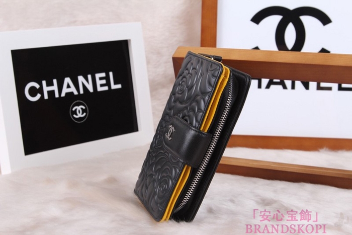 シャネル CHANEL カメリアエンボス 財布 二つ折り ブラック*イエロー A50087