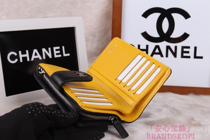 シャネル CHANEL カメリアエンボス 財布 二つ折り ブラック*イエロー A50087