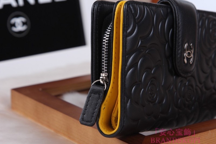 シャネル CHANEL カメリアエンボス 財布 二つ折り ブラック*イエロー A50087
