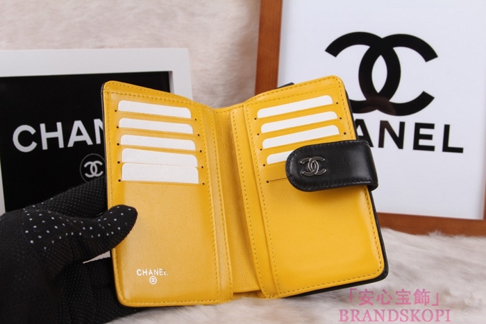 シャネル CHANEL カメリアエンボス 財布 二つ折り ブラック*イエロー A50087