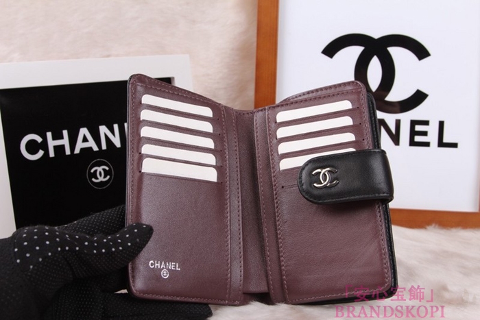 シャネル CHANEL カメリアエンボス 財布 二つ折り ブラック*クラレット A50087