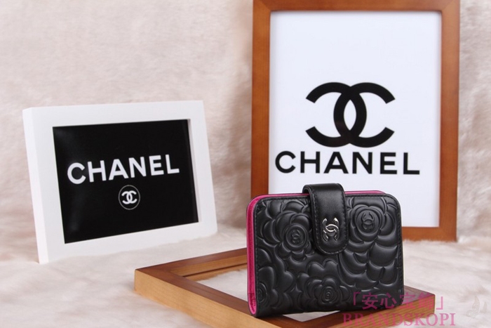 シャネル CHANEL カメリアエンボス 二つ折財布 ブラック*ローズ A50089