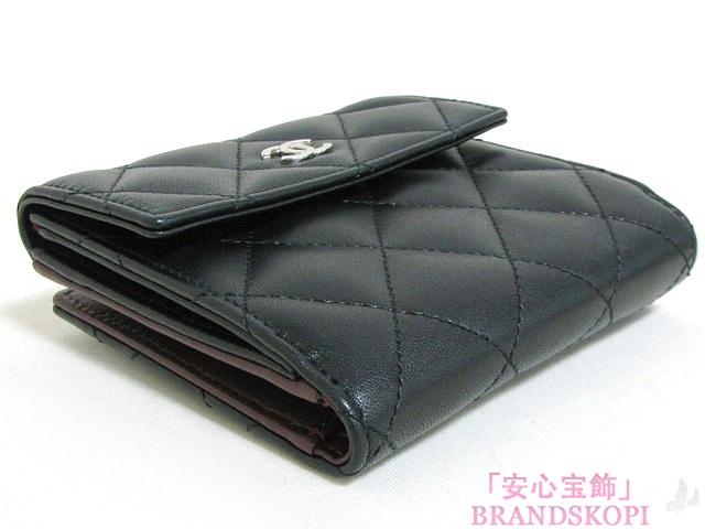 CHANEL（シャネル）Wホック財布 ラムスキン ブラック A48980