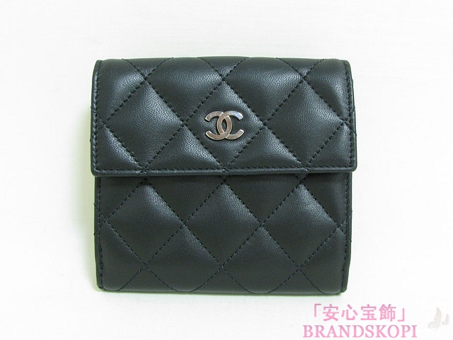 CHANEL（シャネル）Wホック財布 ラムスキン ブラック A48980