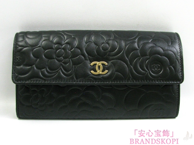 CHANEL（シャネル）ZIP長財布/カメリア/ブラック/ラムスキンA50084