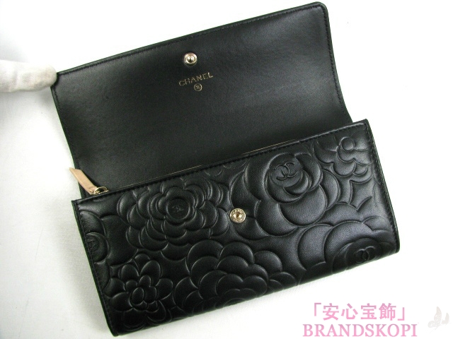 CHANEL（シャネル）ZIP長財布/カメリア/ブラック/ラムスキンA50084