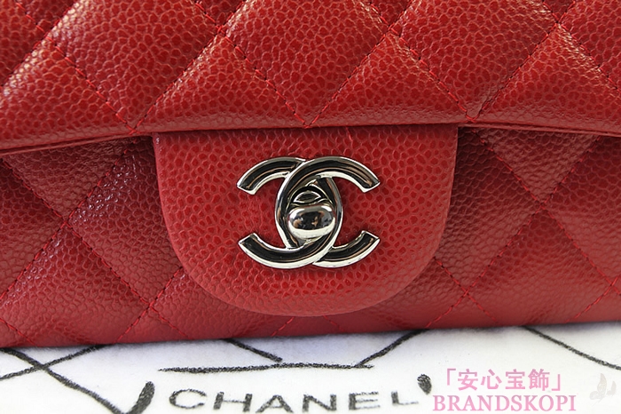 シャネル CHANEL マトラッセライン キャビアスキン ショルダーバッグ レッド×シルバー金具 A1119