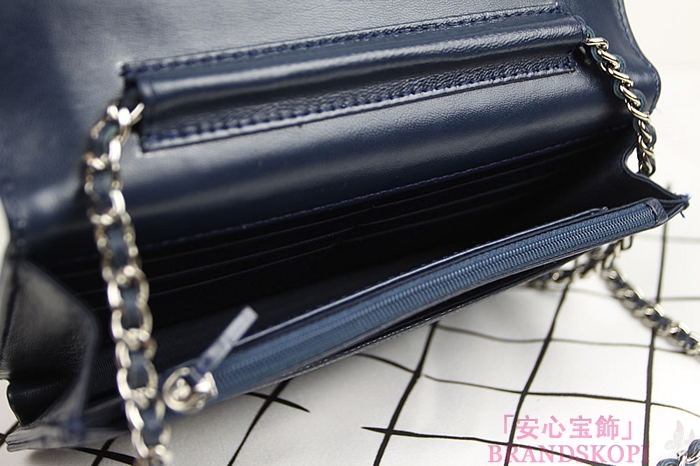 シャネル　CHANEL　チェーンウォレット　キャビアスキン　ココマーク　ネイビー　シルバー金具　A48654