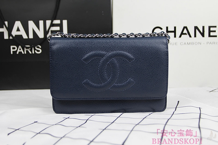 シャネル　CHANEL　チェーンウォレット　キャビアスキン　ココマーク　ネイビー　シルバー金具　A48654