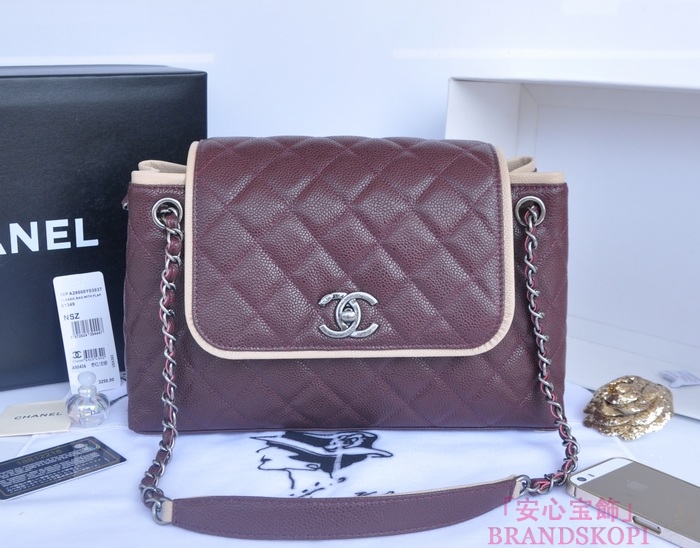 シャネル CHANEL キャビアスキン トートバッグ ワインレッド＆ヴィンテージ金具 A90456-1