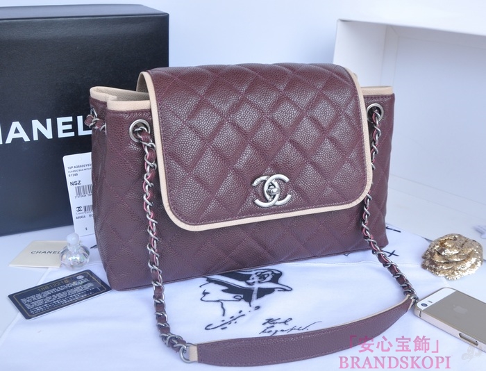 シャネル CHANEL キャビアスキン トートバッグ ワインレッド＆ヴィンテージ金具 A90456-1