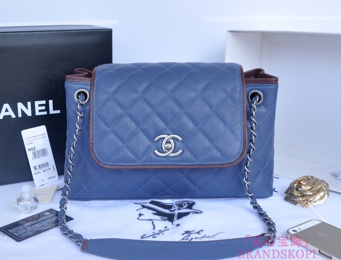シャネル CHANEL キャビアスキン トートバッグ ブルー＆ヴィンテージ金具 A90456