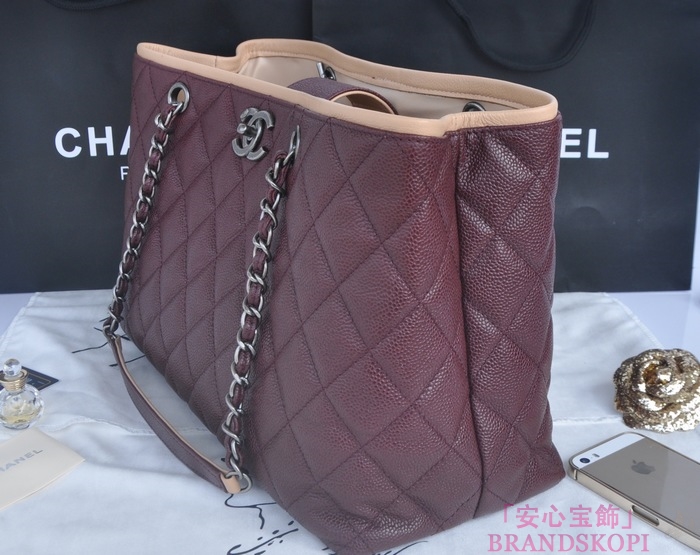 シャネル CHANEL キャビアスキン トートバッグ ワインレッド＆ヴィンテージ金具 A90454-1