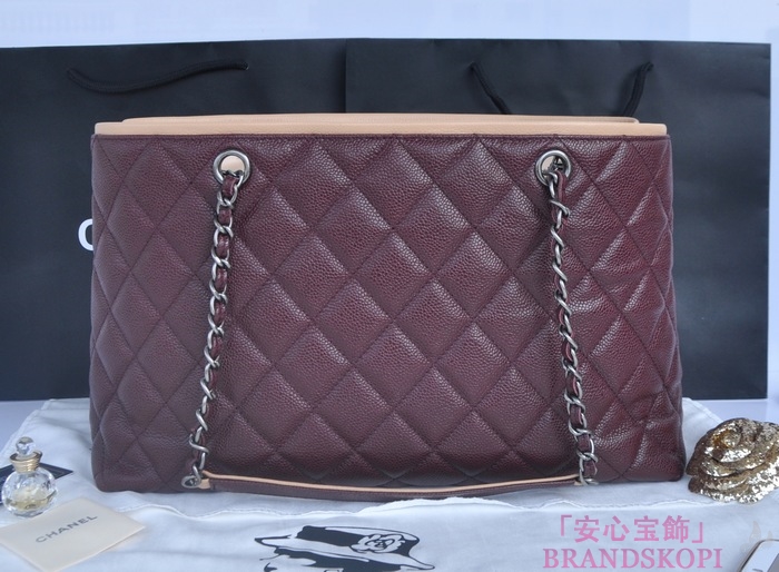 シャネル CHANEL キャビアスキン トートバッグ ワインレッド＆ヴィンテージ金具 A90454-1