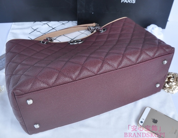 シャネル CHANEL キャビアスキン トートバッグ ワインレッド＆ヴィンテージ金具 A90454-1