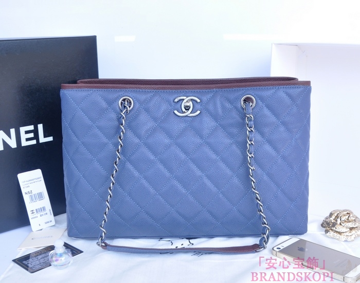 シャネル CHANEL キャビアスキン トートバッグ ブルー ＆ヴィンテージ金具 A90454