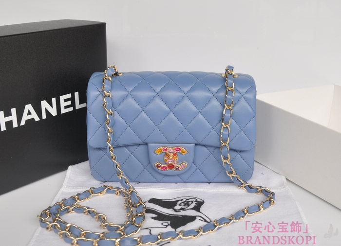 シャネル CHANEL マトラッセライン ラムスキン カラーストーン ショルダーバッグ ヒヤシンスブルー ＆シャンパンゴールド A49258-4
