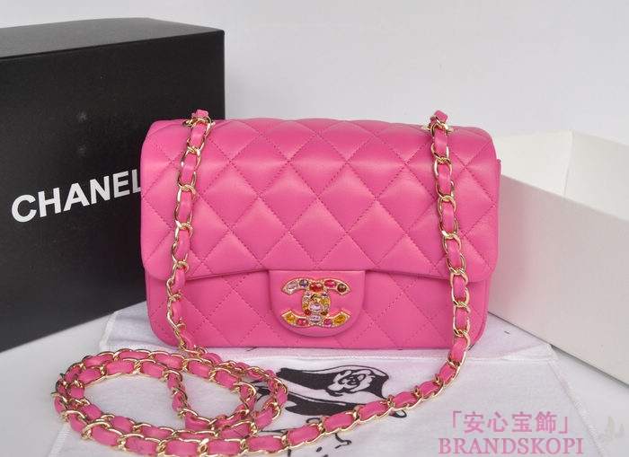 シャネル CHANEL マトラッセライン ラムスキン カラーストーン ショルダーバッグ ピンク＆シャンパンゴールド A49258-3