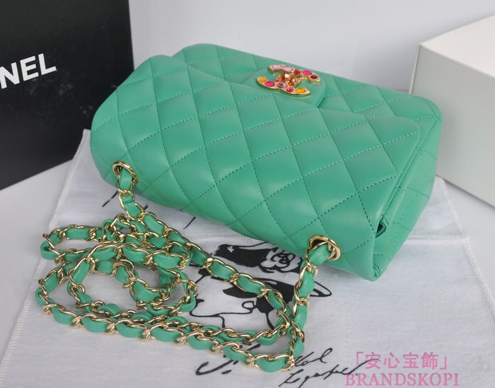 シャネル CHANEL マトラッセライン ラムスキン カラーストーン ショルダーバッグ ライトグリーン＆シャンパンゴールド A49258-2