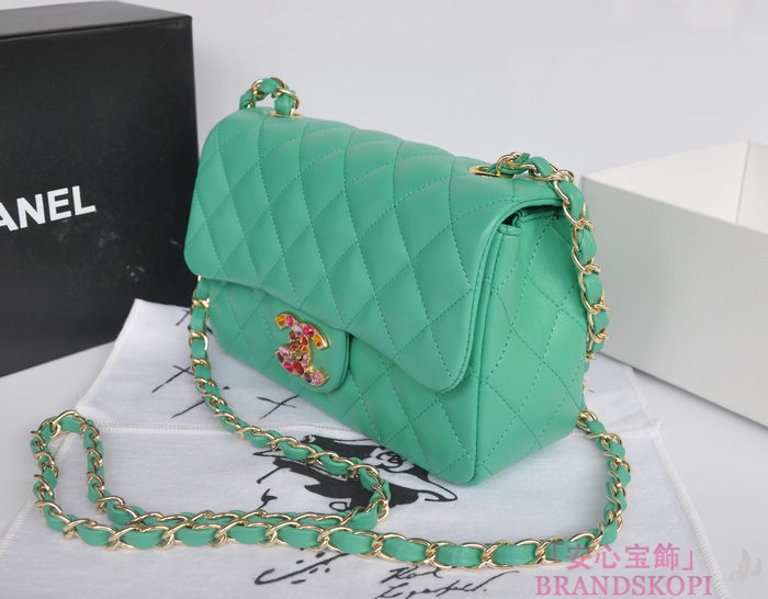 シャネル CHANEL マトラッセライン ラムスキン カラーストーン ショルダーバッグ ライトグリーン＆シャンパンゴールド A49258-2